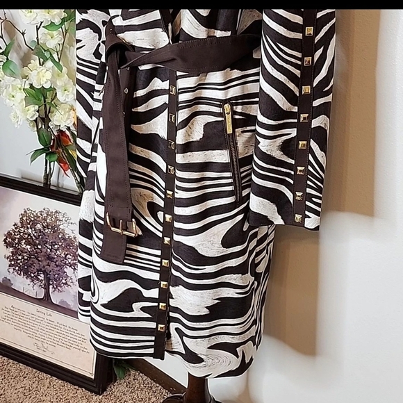 Michael Michael Kors Trench Coat Chocolate Zebra Stud Belt Midi Fall Designer - Picture 7 of 16